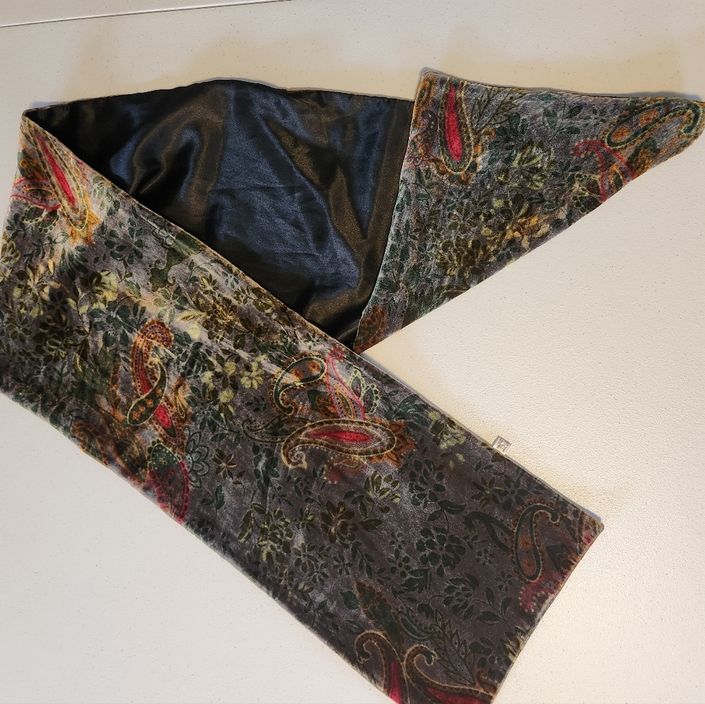 Vintage Silk 90s Black Velvet Scarf Orange Floral Brocade 1990s Goth Paisley - Picture 2 of 4